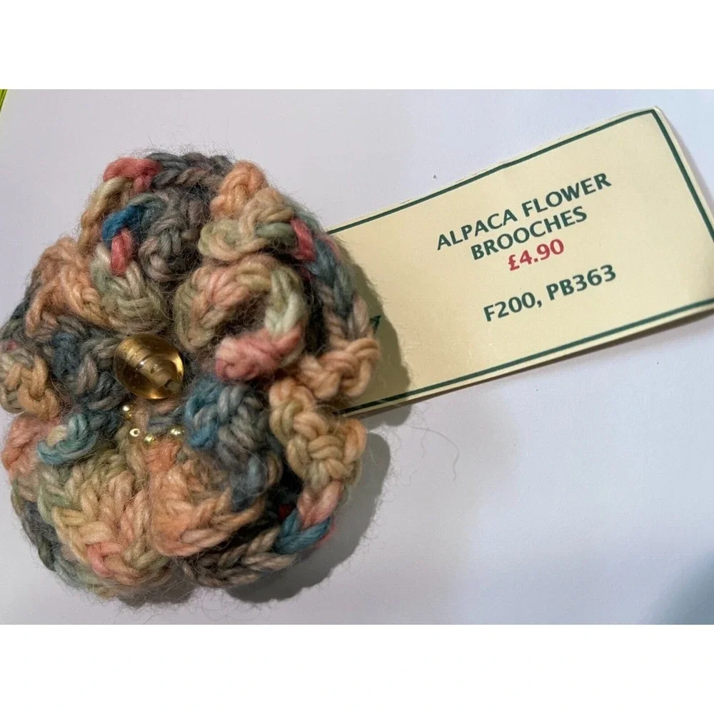 Hand Knitted Alpaca Flower Brooch Corsage: Multicolor Llama Wool‎ made Pin Gift